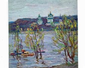 CHURCH RIVER LANDSCAPE Vintage original oil painting Soviet Ukrainian artist Borymchuk 1970s impressionist unique artwork boats spring art