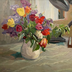 BODEGÓN FLORAL Lienzo vintage 27,6 x 31,5” Tulipanes Flores arte original pintura al óleo artista ucraniano Zhuravleva ramo impresionista de los años 70