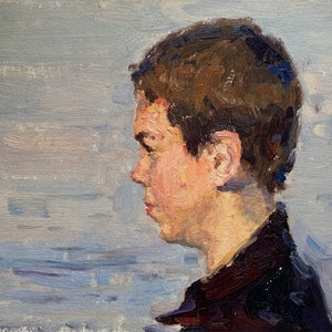 RETRATO DE NIÑO VINTAGE Arte masculino de mediados de siglo Niño pintura al óleo original Artista ucraniano soviético Vlasov V. 1958 impresionista Hombre antiguo único