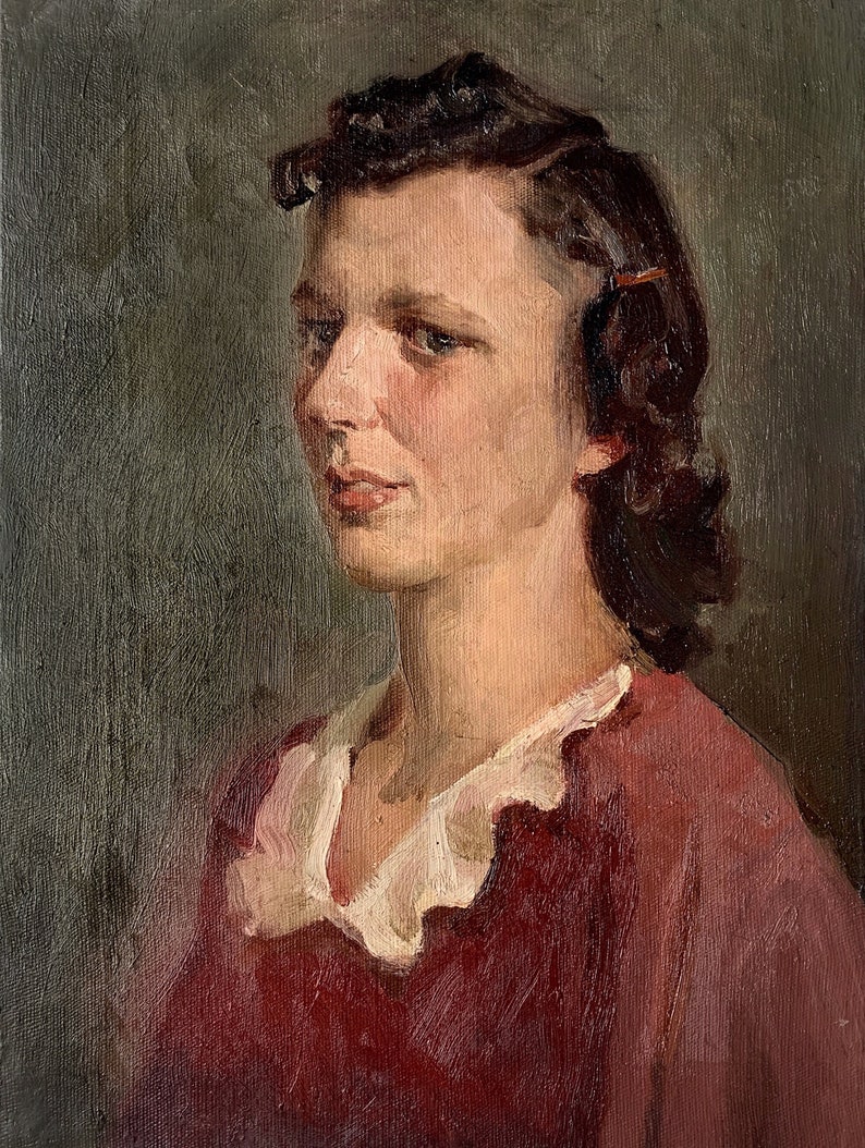 WOMAN PORTRAIT Antique Canvas Vintage original oil painting Soviet Ukrainian artist Vovk A 1950s mid century impressionist female artwork
