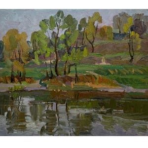 Vintage Original Oil Painting 1983 – Ukrainian Art - Spring Nature Lake Landscape – Antique Wall Art By Ukrainian Artist Hapochenko I.
