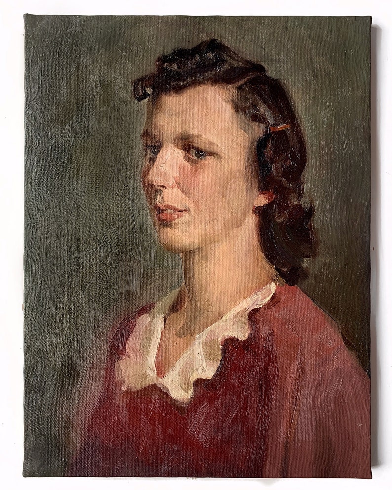 WOMAN PORTRAIT Antique Canvas Vintage original oil painting Soviet Ukrainian artist Vovk A 1950s mid century impressionist female artwork