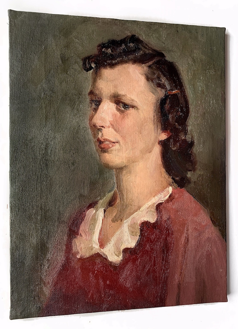 WOMAN PORTRAIT Antique Canvas Vintage original oil painting Soviet Ukrainian artist Vovk A 1950s mid century impressionist female artwork