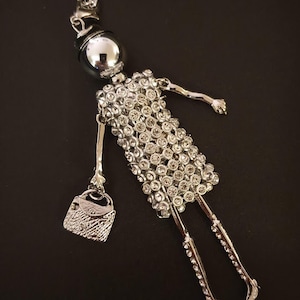 Handmade French Silver Rhinestone long doll necklace pendant