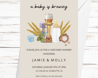 Coed Baby Shower Printable Invitation, Baby is Brewing, Printable Digital Invitation