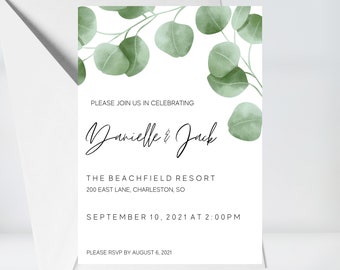WEDDING INVITATION, Eucalyptus Leaves, Date Announcement, Wedding Announcement, Event Invitation
