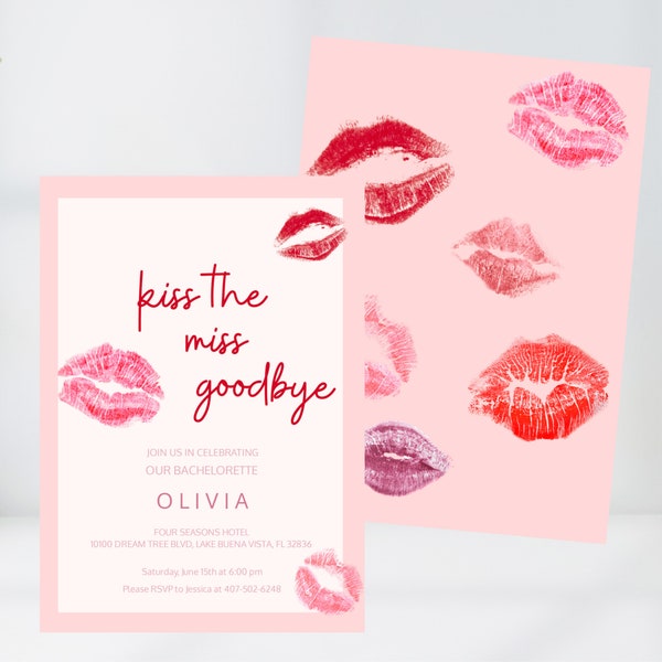 Bachelorette Printable Invitation, Bachelorette Shower, Kiss the Miss, Lipstick