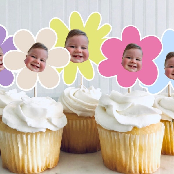 Daisy Birthday Photo Cupcake Topper | Printable Flower Party Personalized | Birthday Cake | Digital File Retro Floral 1st Birthday