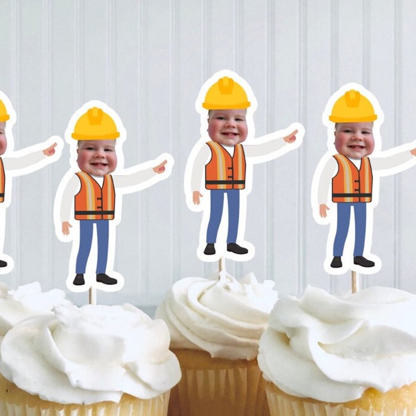 Construction Worker Photo Cupcake Topper | Printable Construction Birthday Party Personalized | Birthday Cake | Digital File Boy Birthday