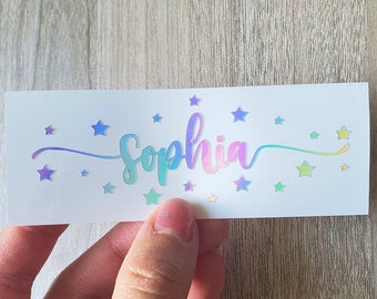 Name decal with stars, Holographic Name Sticker, Custom Name Vinyl Decal, Water Bottle Name Sticker, Tumbler Name Decal