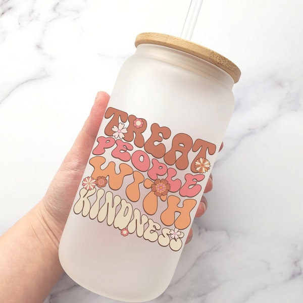 Custom Name Retro Groovy Floral Treat People with Kindness 16 oz Frosted Glass Can for Iced Coffee Cold Drinks With Lid And Straw