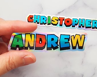Custom Holographic Game Font Outlined Boy Girl Name Sticker, Personalized Kids Name Sticker