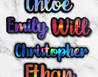 Holographic Custom Name Sticker – Outlined Cursive Font Personalized Vinyl Decal, Sticker for Water Bottles & Laptops, Multi Color