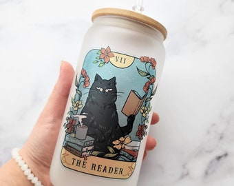 The Reader Tarot Card 16 oz Frosted Glass Can Iced Coffee, Iced Tea, Boba Cold Drinks Jar Cup With Lid And Straw