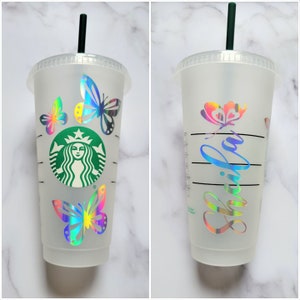 24 oz Holographic Personalized Starbucks Cup, Custom Butterfly Starbucks Cold Cup, Gifts for her, bridesmaid gift, wedding