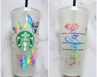 24 oz Holographic Personalized Starbucks Cup, Custom Butterfly Starbucks Cold Cup, Gifts for her, bridesmaid gift, wedding