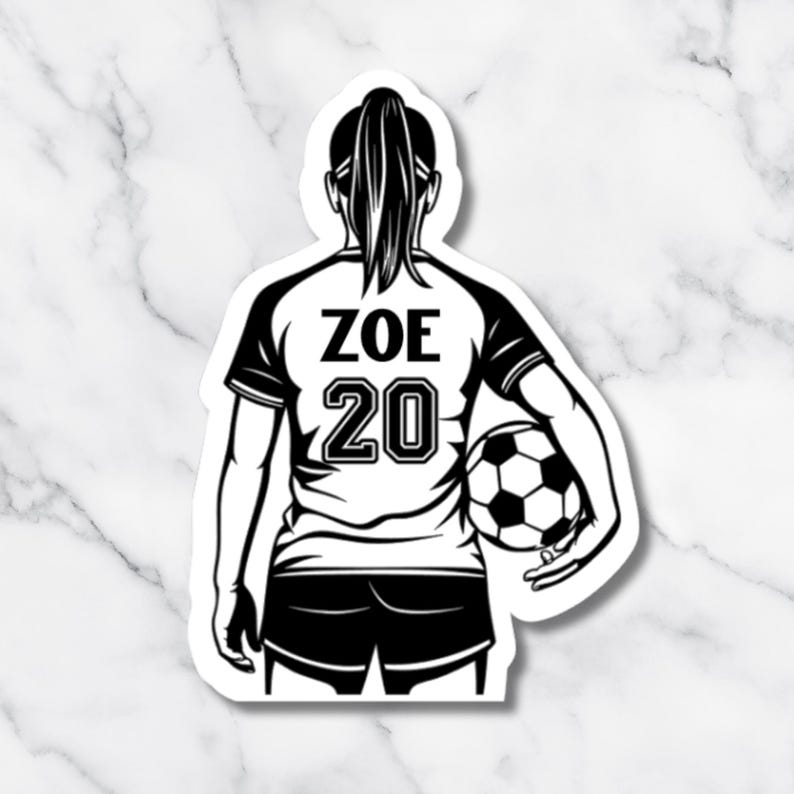 May include: Black and white sticker of a soccer player from the back, holding a soccer ball. The player wears a jersey with "ZOE" and the number "20" on the back. The player has a ponytail.