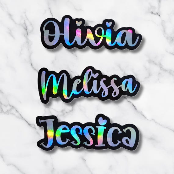 Hologrphic Outlined Personalized Name Sticker – Girly Heart Cursive Font Sticker – Laptop Water Bottle Planner Wedding