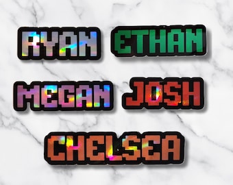Custom Pixel Game Font Name Sticker | Personalized Gamer Name Decal | Holographic or Solid Color Vinyl | Retro Gaming Style Sticker