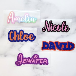 Layered Custom Text HTV Iron On Heat Transfer Name Decal Sticker for Fabric, DIY, T-Shirts, Kid&#39;s Backpacks, Daycare Uniform, Onesie