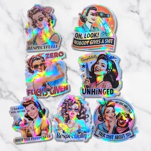 Set of 7 Holographic Vintage Sarcastic Women Middle Finger Sassy Girl Housewife Sticker, Adult Humor Sarcastic Funny Perf cut Sticker