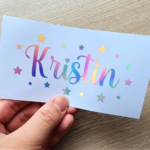 Sparkle Name decal with stars, Holographic Name Sticker, Custom Name Party Wedding Stickers