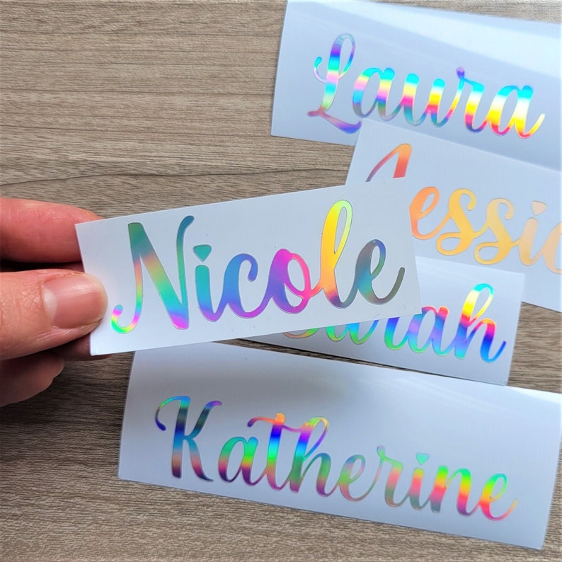 Free Shipping Holographic Name Decal Sticker, Custom Text decal for windows, tumblesr, cups, water bottles, wine glasses, weddings and more