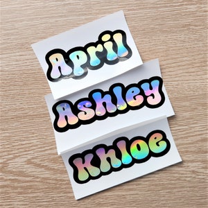 Layered Outlined Retro Groovy Custom Name Vinyl Decal, Holographic Name Sticker for bottles, tumblers, weddings and more