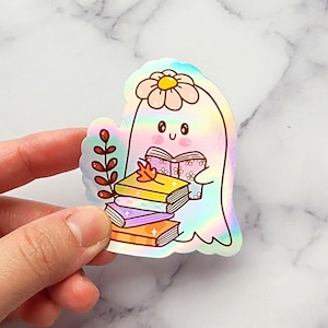 Holographic Cute Reading Ghost Kindle Kobo Sticker, Bookish Sticker, Booklover Sticker, eReader Sticker