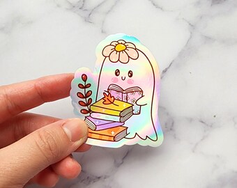 Holographic Cute Reading Ghost Kindle Kobo Sticker, Bookish Sticker, Booklover Sticker, eReader Sticker