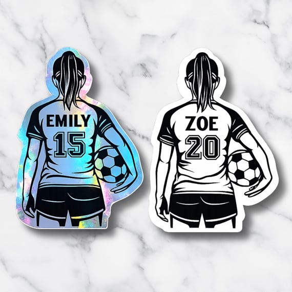 Custom Holographic Girl Soccer Player Sticker with Name & Number – Personalized Sports Decal, Multiple Sizes Available