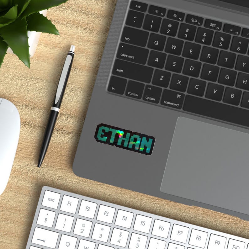 May include: A laptop with a sticker that says "ETHAN" in pixelated green and blue letters. A black pen and a white mouse are on a wooden desk. A white keyboard and a green plant are also visible.