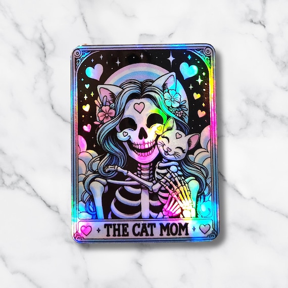 Cat Mom Tarot Card Holographic Sticker: Skeleton Cat Lovers