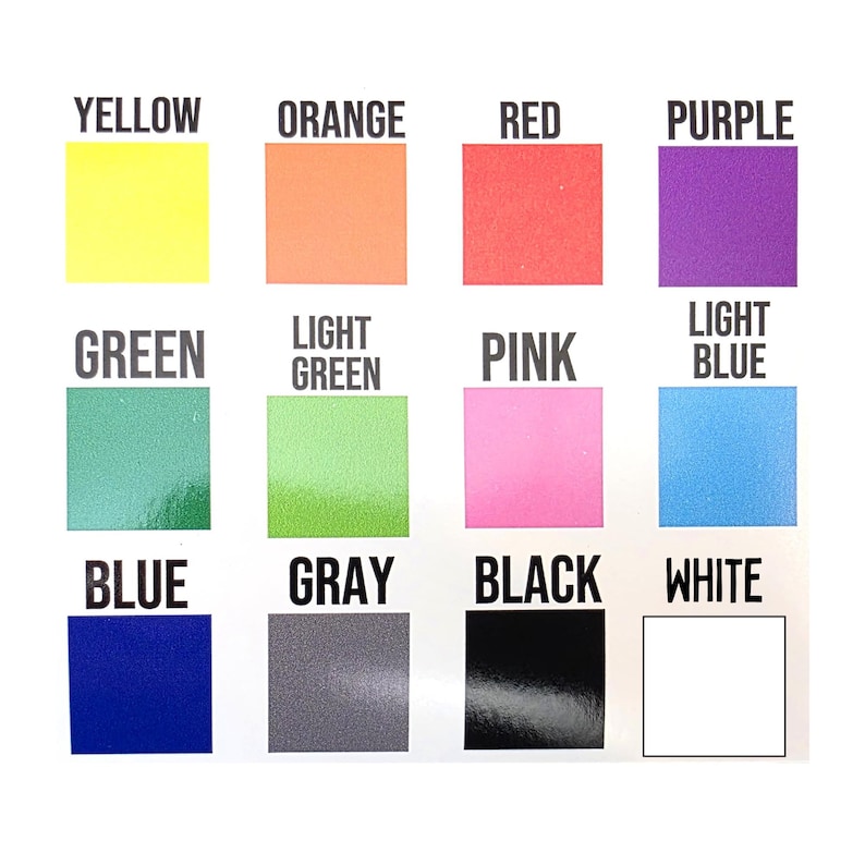 May include: A color chart featuring twelve distinct color swatches. The colors include yellow, orange, red, purple, green, light green, pink, light blue, blue, gray, black, and white. Each color is labeled with its name in bold, black text.