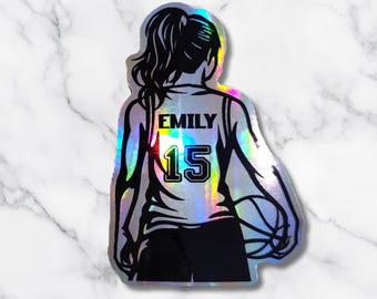 Personalized Basketball Girl Sticker, Custom Name & Number Basketball Decal, Holographic Basketball Player Vinyl Sticker
