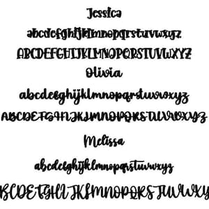 K&ouml;nnte beinhalten: Eine Schrifttabelle, die die Klein- und Gro&szlig;buchstaben des Alphabets in handschriftlicher Form zeigt. Die Namen Jessica, Olivia und Melissa stehen oben &uuml;ber jedem Alphabet.