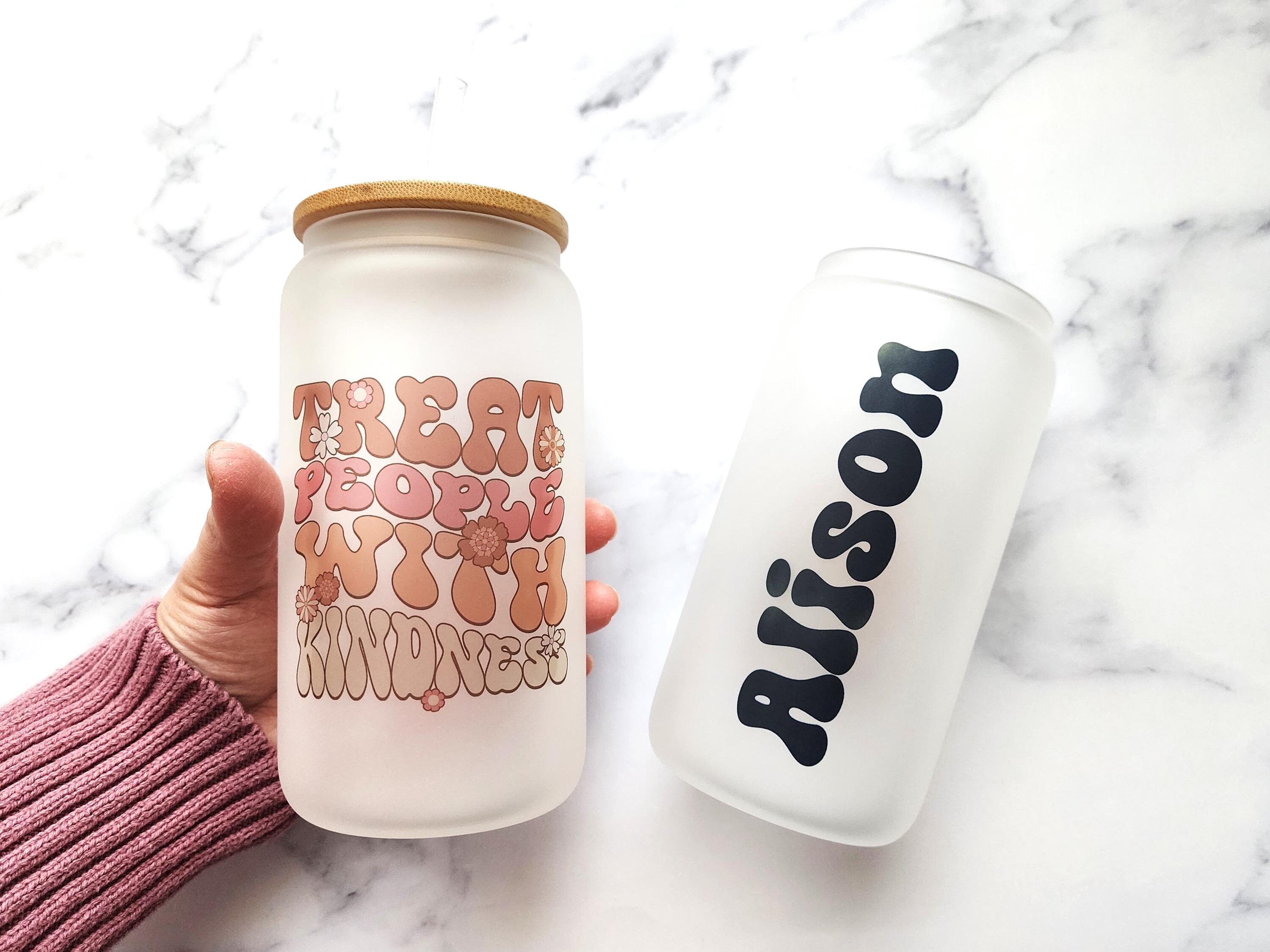 Custom Name Retro Groovy Floral Treat People with Kindness 16 oz Frosted Glass Can for Iced Coffee Cold Drinks With Lid And Straw