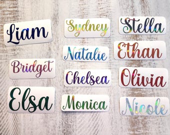 Custom Name Decal in Solid or Holographic Multi Color, Cursive Font – Custom Personalized text decal for Bottles, Laptops, Weddings, Parties