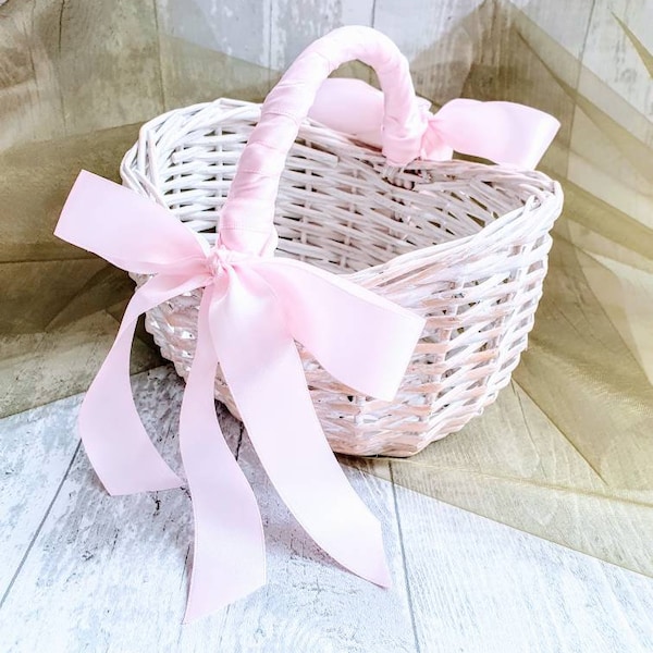 White Flower Girl Basket with ribbon. Mini White Shopper. Children Basket. Bridesmaid Basket.Eggs Hunter Basket.