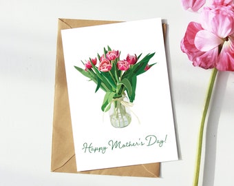 Mother's Day Card | Happy Mother's Day Greeting Card | Illustrated Bouquet of Pink Flowers | Floral Mother's Day Card