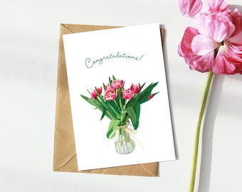 Congratulations Card | Illustrated Bouquet of Pink Flowers | Wedding Card | Celebration Card
