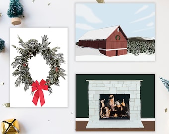 Assorted Holiday Card Set of 3 | Wreath, Fireplace and Winter Barn Christmas Cards