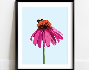 Echinacea Flower Art Print | Bee Illustration, Garden Wall Decor