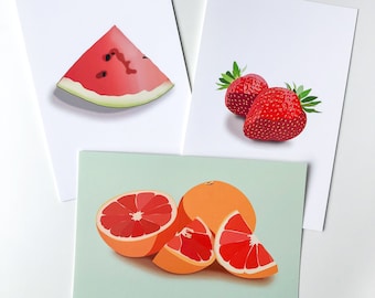 Illustrated Fruit Postcard Set of 3 (Grapefruit, Strawberries, Watermelon)