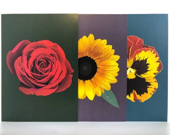 Flower Greeting Card Set of 3 | Illustrated Red Rose, Pansy and Sunflower Folded Cards