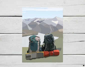 Backpacking Postcard | Two Backpacks with Mountains and Lake | Adventure Notecard | Camping Art Print | Digitally Illustrated Postcard