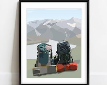 Backpacking Art Print | Two Backpacks with Mountains and Lake | Adventure Print | Camping Art Print