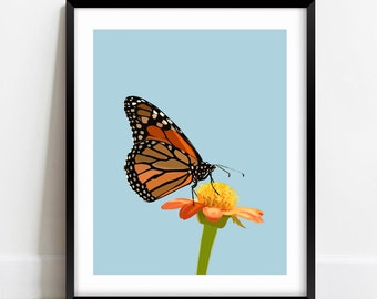 Monarch Butterfly Art Print | 8x10 Butterfly Print | Digitally Illustrated Butterfly on Flower