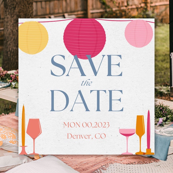 Colorful Dinner Party Save the Date, Illustrated Garden Party, Bright Modern Event Save the Date, Casual Backyard Party Template