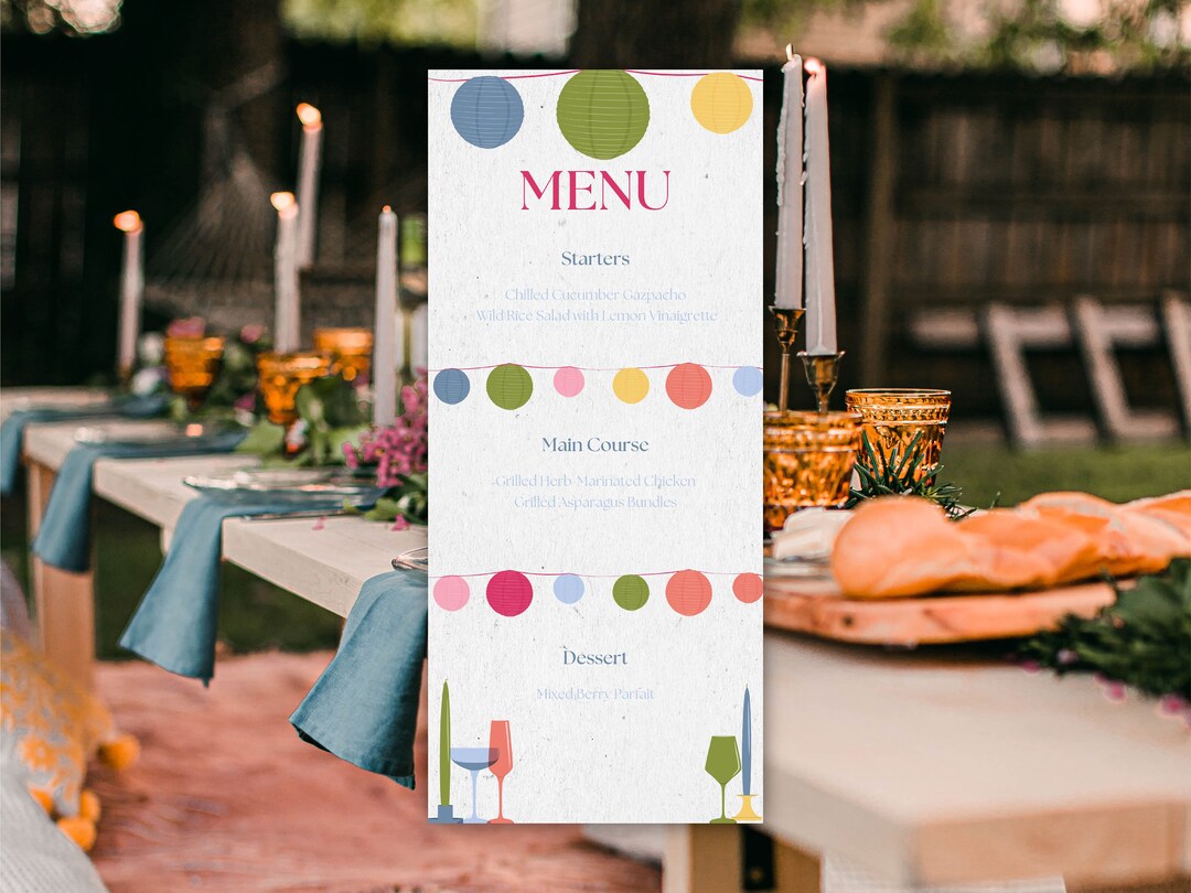 Colorful Dinner Party Menu, Illustrated Garden Party, Bright Modern ...